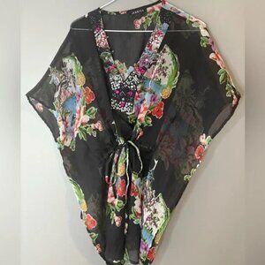 Jessica size M Multicolor Kimono Sleeve Blouse, sheer, drawstring waist cover up